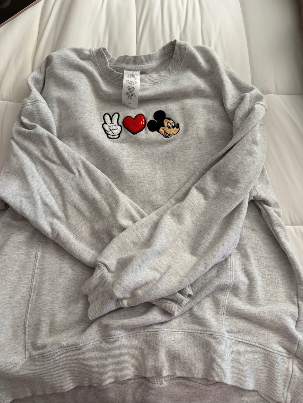 Disney Light Gray Crewneck Sweatshirt with Mickey & Heart Embroidery